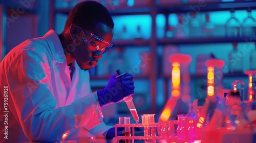 Scientist with medical tubes laboratory for research pharmaceutical with blood cells with neon light