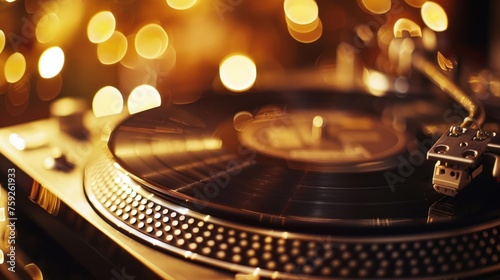 Close up old turntable playing music of black vinyl in golden light blur background. AI generated