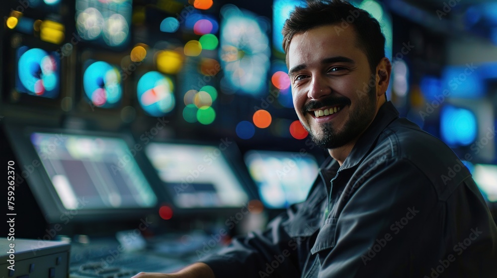 Portrait happy smiling male engineering technician on the industrial control room. AI generated
