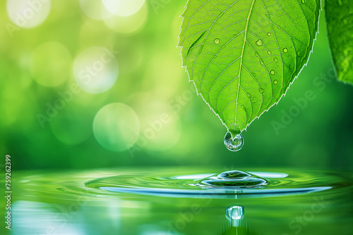 a clean drop of water flows down a young fresh green leaf just after the rain  eco theme  generative AI