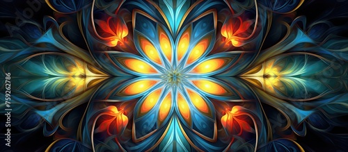 A beautiful artistic composition resembling a kaleidoscope with a stunning flower at its center. The symmetrical patterns create an electric blue fractal art piece inspired by terrestrial plants © 2rogan
