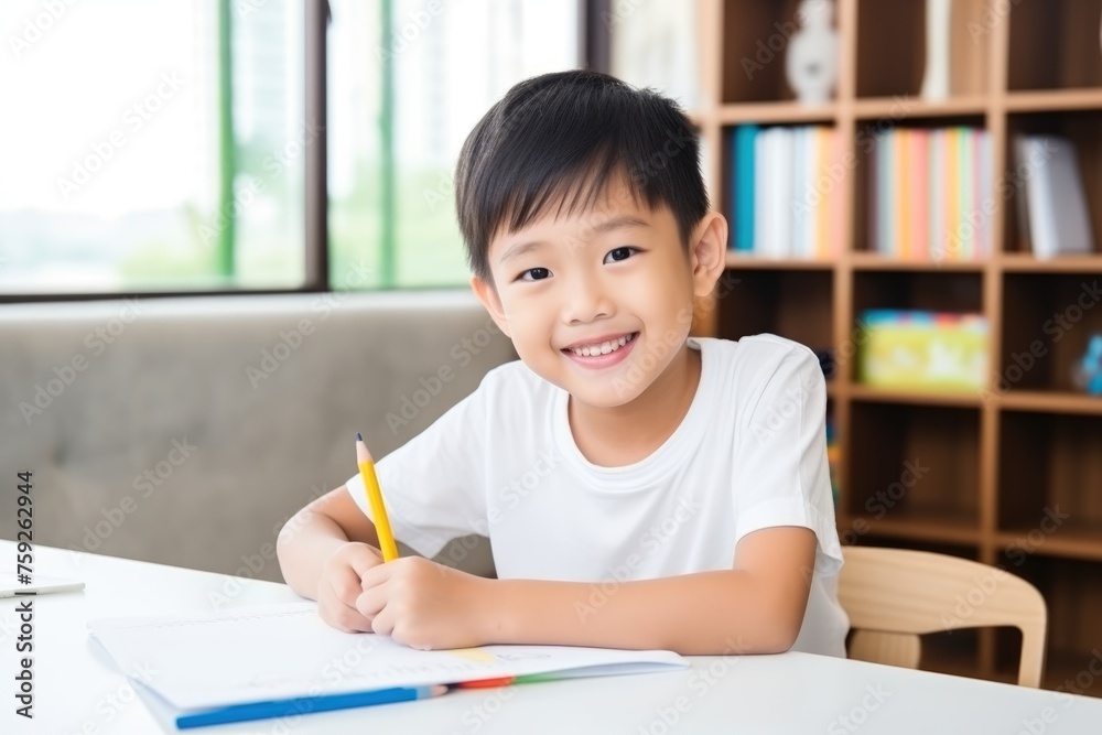 Smiling Asian boy studying with a pencil in hand and a notebook on a table, educational setting. Asian Boy Studying with a Pencil and Notebook Smiling Asian boy studying with a pencil in hand and a notebook on a table, educational setting. Asian Boy Studying with a Pencil and Notebook