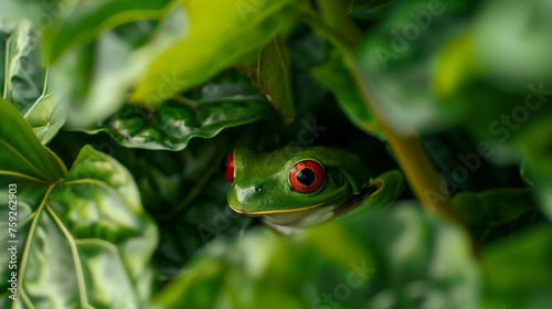 Curious red eyed tree frog hiding in green background leafs Agalychnis callydrias exotic amphibian treefrog macro treefrog copyspace tropical nocturnal big eye animal 