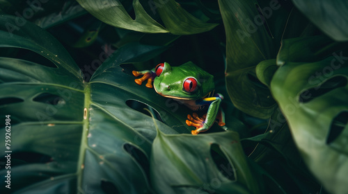 Curious red eyed tree frog hiding in green background leafs Agalychnis callydrias exotic amphibian treefrog macro treefrog copyspace tropical nocturnal big eye animal  photo