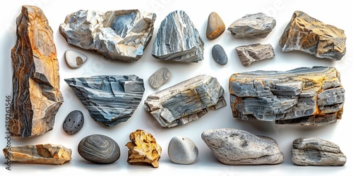 An assortment of various minerals and rocks, isolated on a white background, showcasing different textures and colors. photo