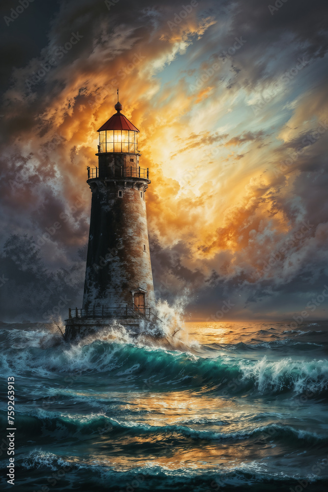Beacon of Hope - A Steadfast Sentinel Amidst Fiery Sunset and Stormy Seas