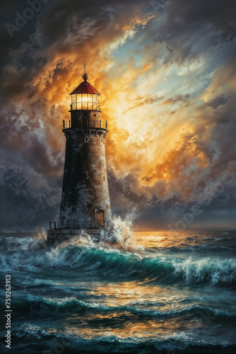 Beacon of Hope - A Steadfast Sentinel Amidst Fiery Sunset and Stormy Seas