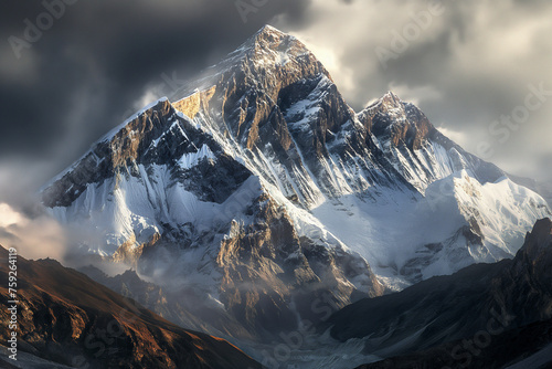 snow-covered mountains Mount Everest in the clouds, generative AI photo