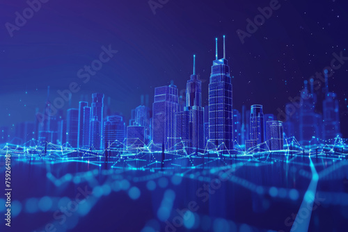 Wireframe landscape with Smart city. Technology background blue in low poly style. 