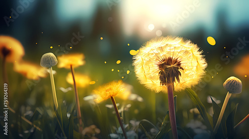 Dandelions in the sun, seeds fluttering in the wind