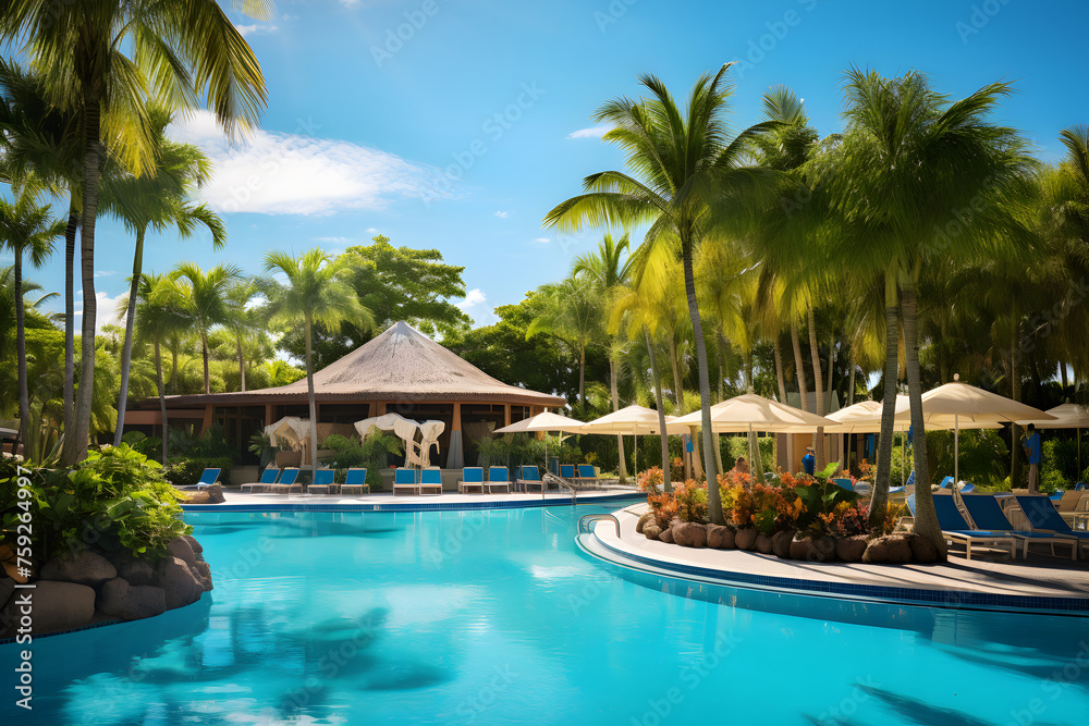 Picturesque Relaxation at DQ Outdoor Pool Under Summer Sun: Tropical Foliage, Cozy Cabanas and Refreshing Azure Pool