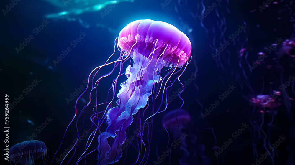 Fototapeta premium Glowing jellyfish swim deep in the ocean