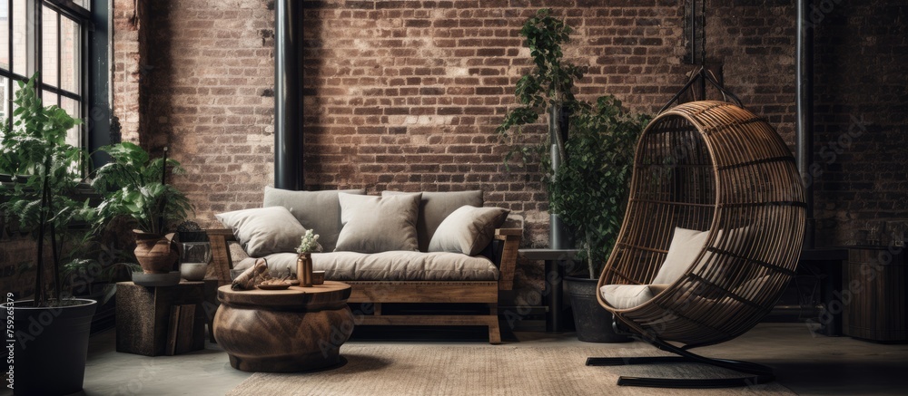 Rustic lounge with rattan armchair, coffee table, brick walls, and industrial interior design. - obrazy, fototapety, plakaty 