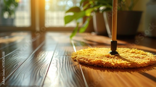 A wooden floor with a mop laying on top, ready for cleaning. photo