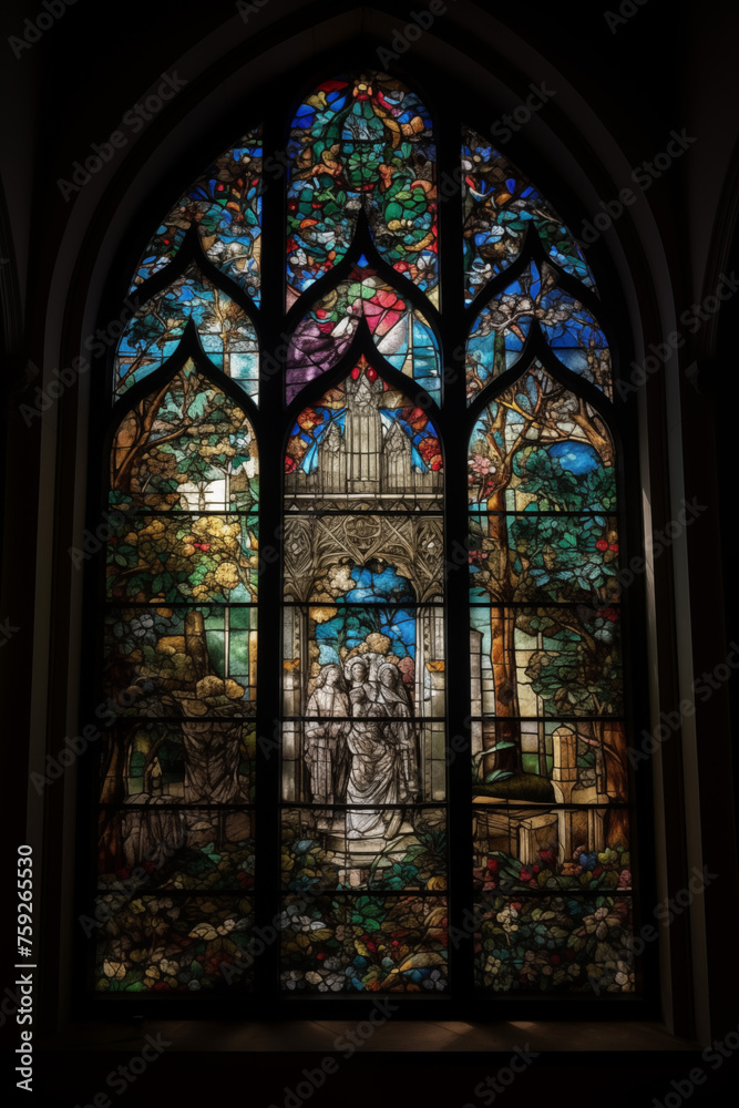 colorful sacred stained glass windows in the church, generative AI