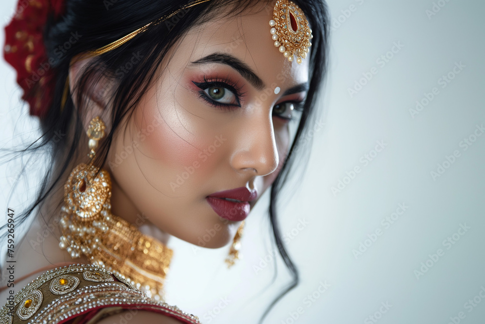 beautiful indian woman in full makeup on white background for beauty, massage and beauty industry advertisements, generative AI