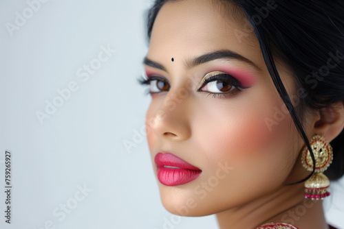 beautiful indian woman in full makeup on white background for beauty  massage and beauty industry advertisements  generative AI