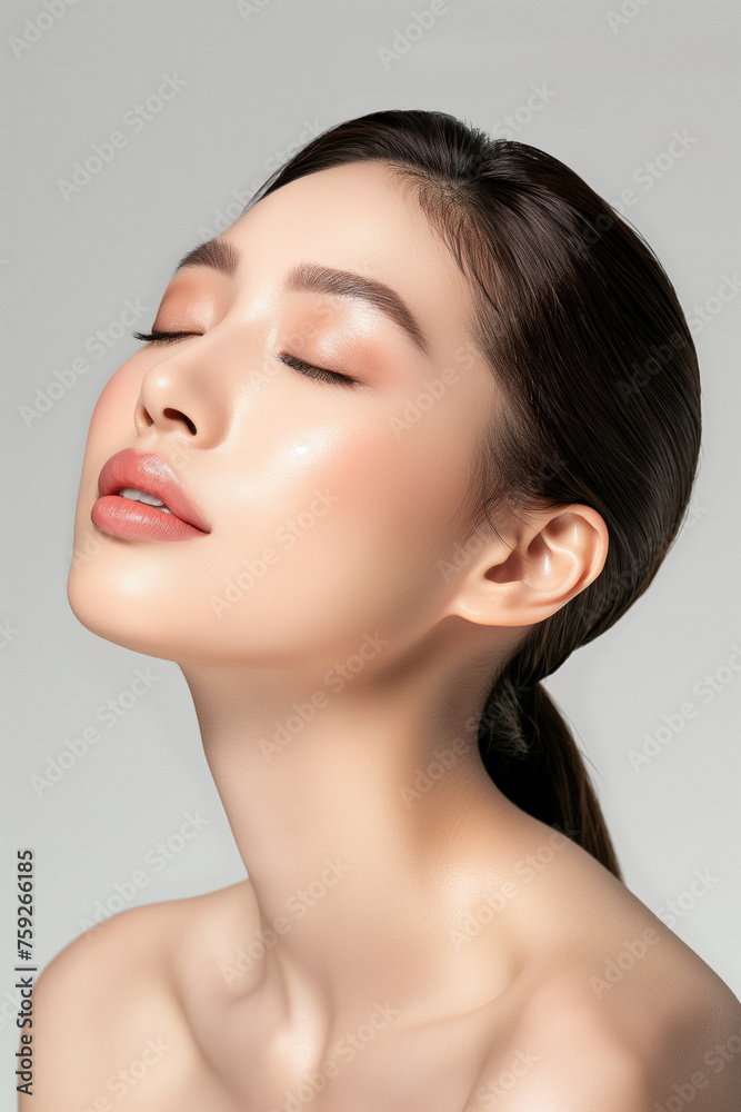 beautiful asian woman in full makeup on white background for advertisements from the cosmetics, massage and beauty industry, generative AI