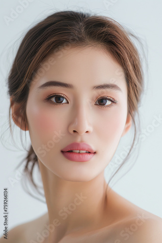 Obraz na płótnie beautiful asian woman in full makeup on white background for advertisements from the cosmetics, massage and beauty industry, generative AI w salonie