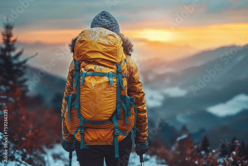 Hiker Enjoying Sunset on a Mountain Trek. Generative AI image photo