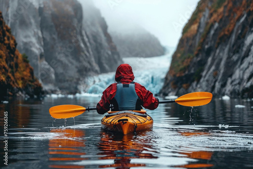 Solitary kayak adventure in misty glacier waters. Generative AI image photo