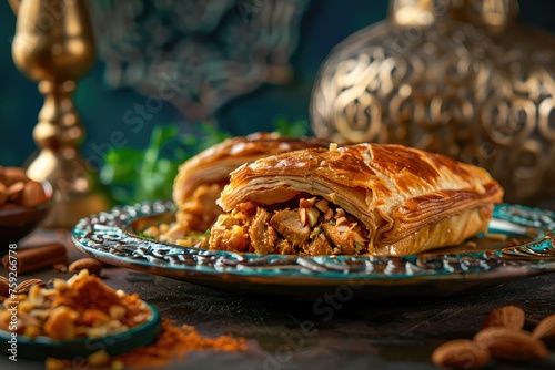 B'stilla or Bastilla, a Savory Moroccan Chicken Pie, Pastilla Pigeon Pie Topped with Almonds and Powdered Sugar photo