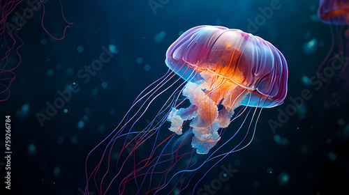 Glowing jellyfish swim deep in the ocean © Derby