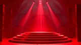 podium illuminated by a bold red background, showcasing first, second, and third place winners in a competition generative ai