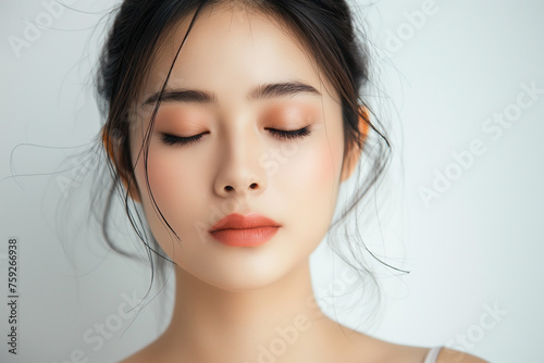 beautiful asian woman in full makeup on white background for advertisements from the cosmetics, massage and beauty industry, generative AI