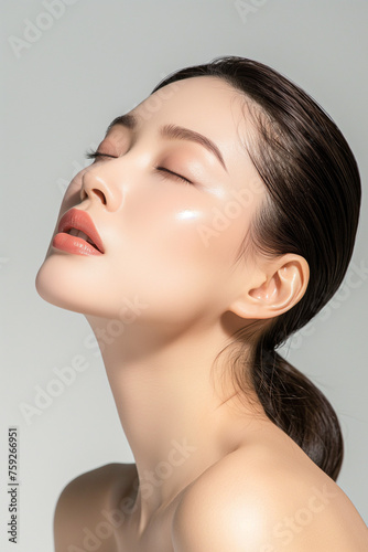 Obraz na płótnie beautiful asian woman in full makeup on white background for advertisements from the cosmetics, massage and beauty industry, generative AI w salonie