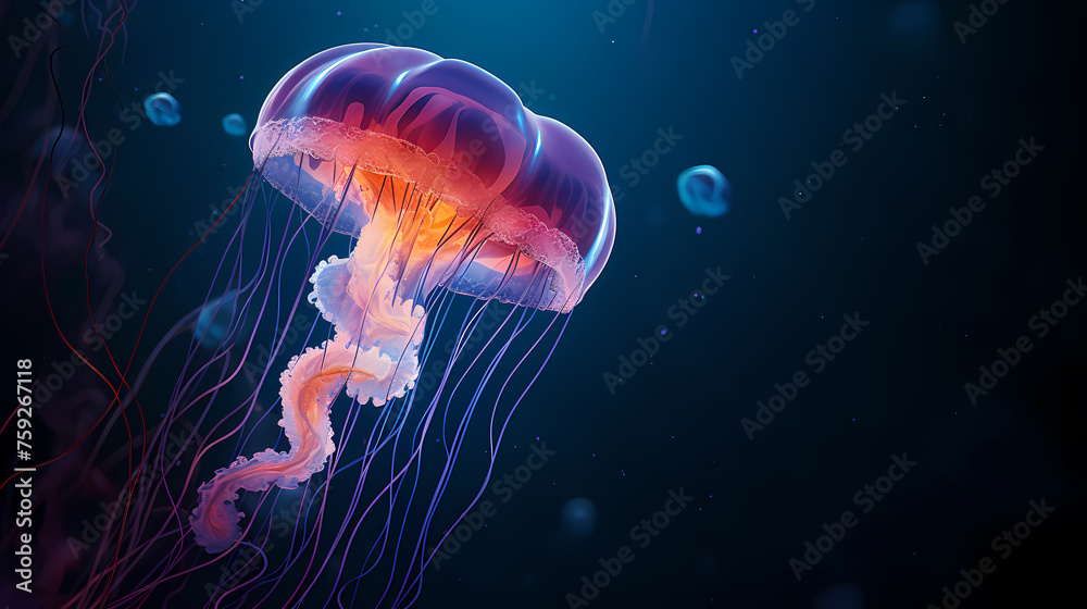 Glowing jellyfish swim deep in the ocean Glowing jellyfish swim deep in the ocean
