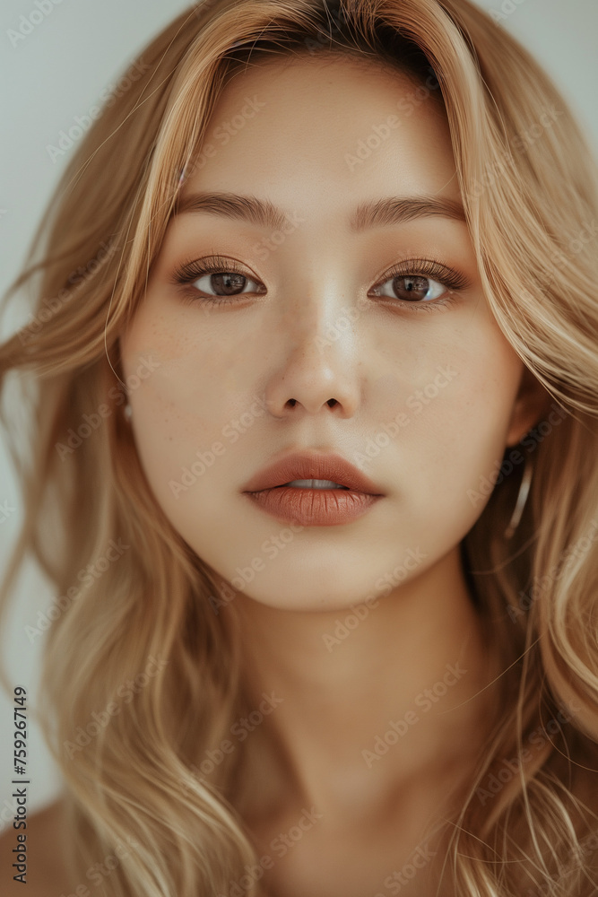 beautiful blonde hair asian woman in full makeup on white background for advertisements from the cosmetics, massage and beauty industry, generative AI beautiful blonde hair asian woman in full makeup on white background for advertisements from the cosmetics, massage and beauty industry, generative AI