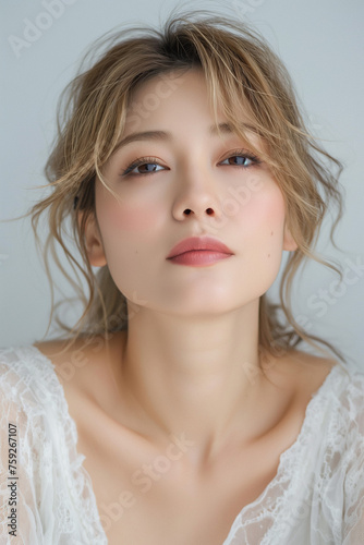beautiful blonde hair asian woman in full makeup on white background for advertisements from the cosmetics, massage and beauty industry, generative AI