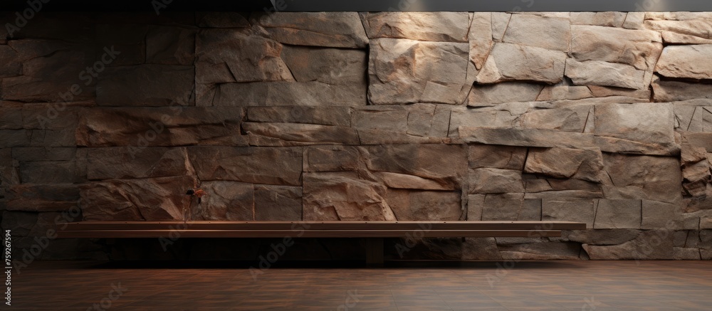 A rectangular wooden bench sits in front of a visually striking stone wall with intricate brickwork, creating a beautiful contrast of textures in the landscape