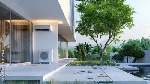 Air conditioner on outdoor side wall on modern house. AI generated image