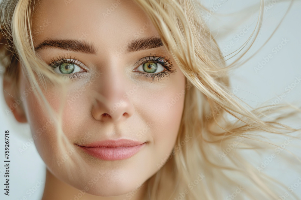 beautiful blonde hair woman in full makeup on white background for advertisements from the cosmetics, massage and beauty industry, generative AI