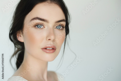 beautiful brunette in full makeup on white background for cosmetics, massage and beauty industry advertisements, generative AI