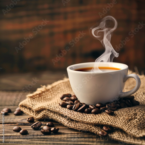 Steaming cup of coffee on burlap with coffee beans. Generative AI image photo