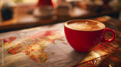 Red Coffee Cup on World Map for Travel Concept. Generative AI image photo
