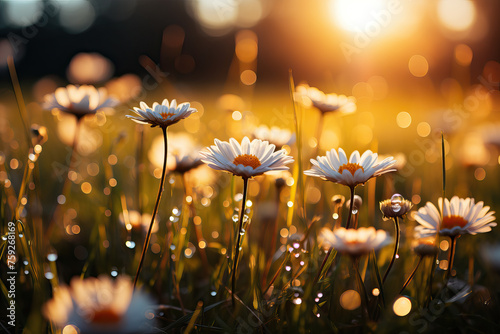 Golden hour glow on a field of daisies. Generative AI image