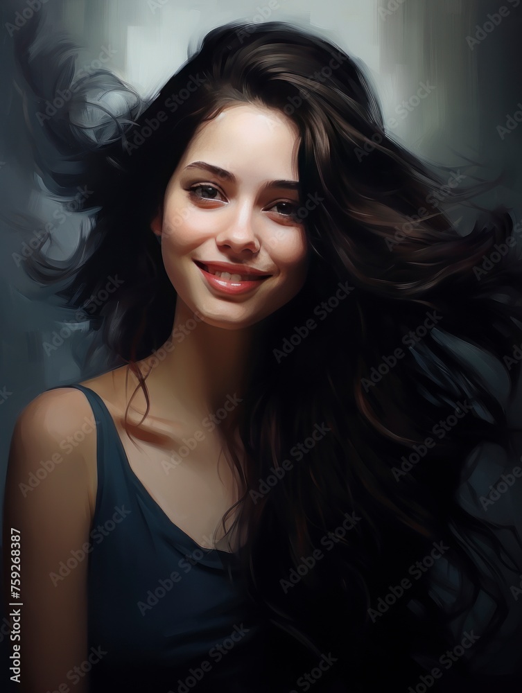 Lady with beautiful dark hair is smiling - generative ai Lady with beautiful dark hair is smiling - generative ai