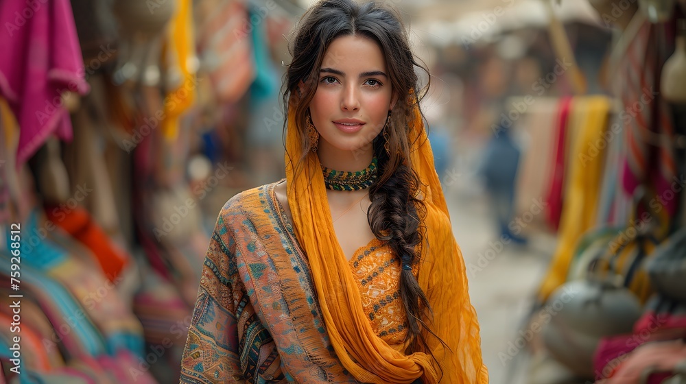 a bustling marketplace, where our model navigates through a sea of color amidst stalls adorned with exotic textiles and artisan crafts. Let the camera immortalize the vibrant tapestry of global fashio