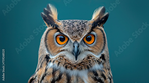 stunning closeup of owl with orange eyes looking straight at viewer on blue background