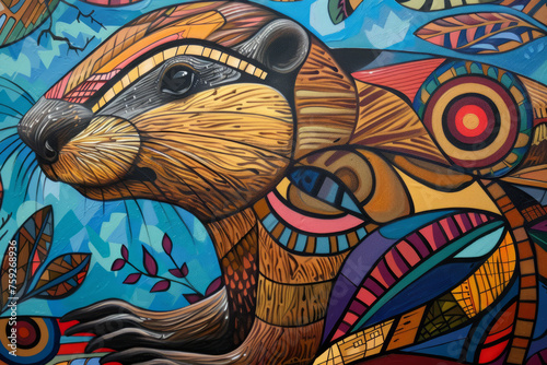 Indigenous style painting of a beaver. 