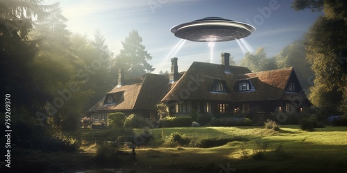 UFO flying over the house in the forest. 3D rendering