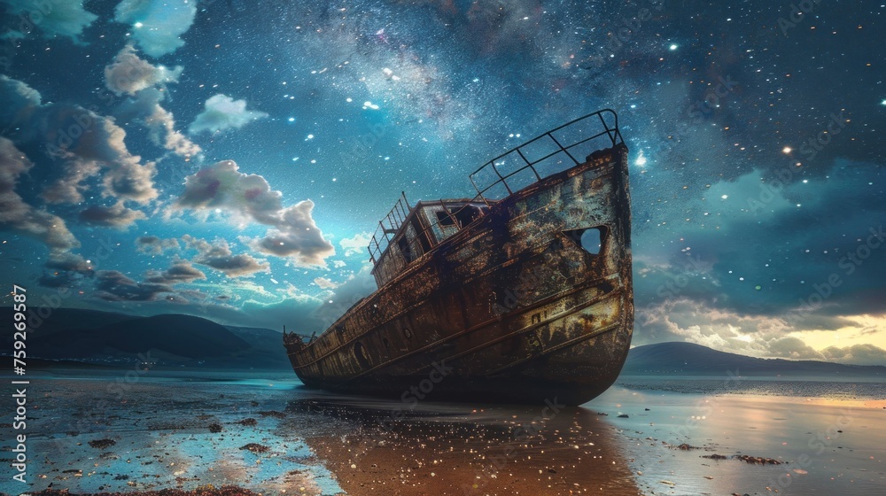 Beneath a canopy of stars, a shipwreck lies silent and haunting on the shores - obrazy, fototapety, plakaty 