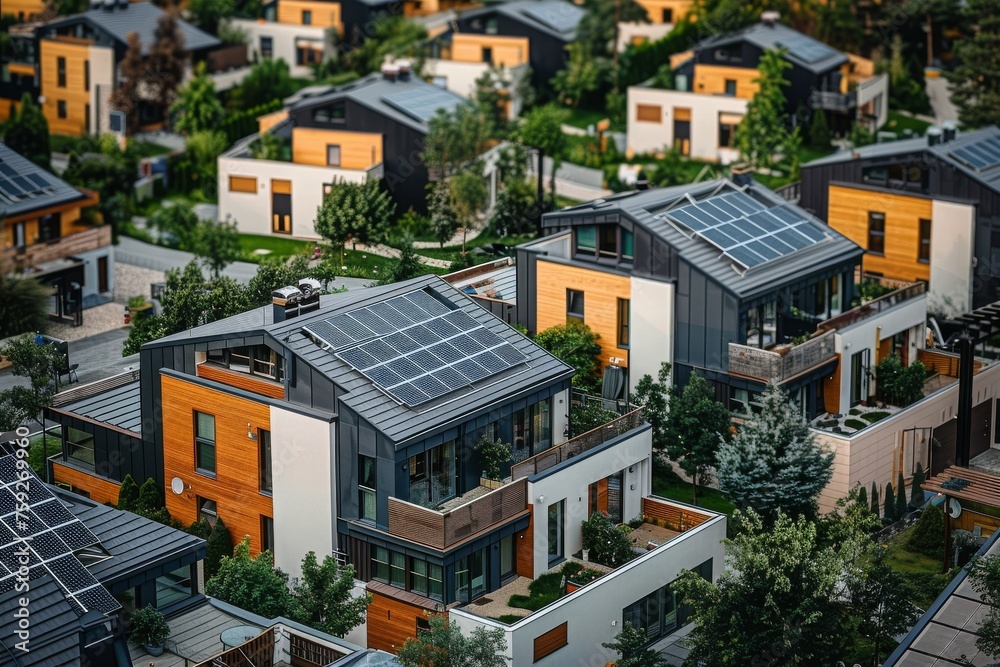 Drone view photo of urban neighborhood among private houses with solar panels on the roofs. Solar panels as eco-energy, ecology, modern architecture, mortgage, new district, urban planning, urbanism.