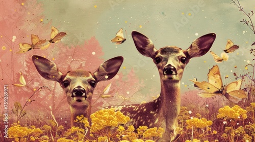 a couple of deer standing next to each other in a field of yellow flowers with butterflies in the sky behind them.