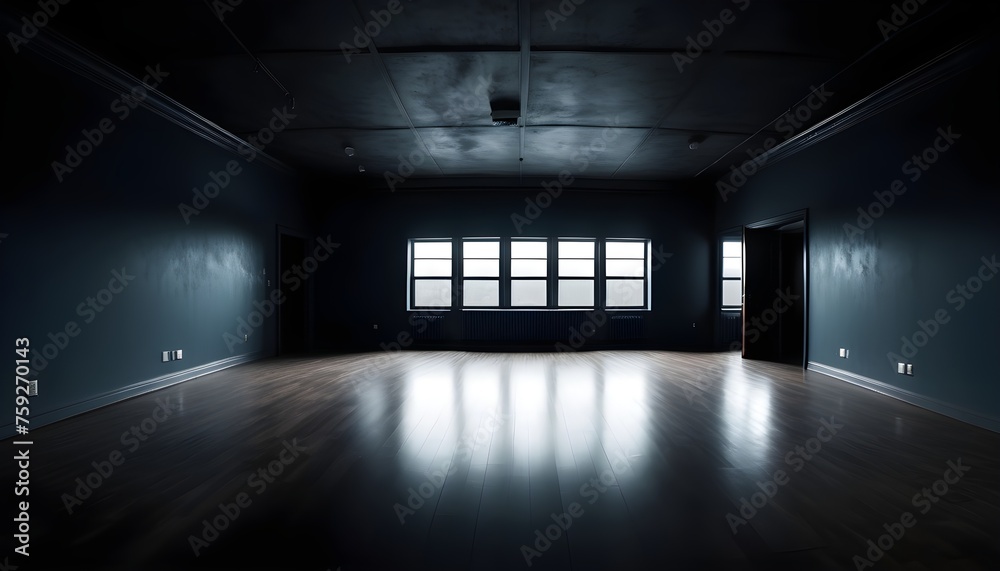 Empty dark room with large windows, sunrays from them Empty dark room with large windows, sunrays from them