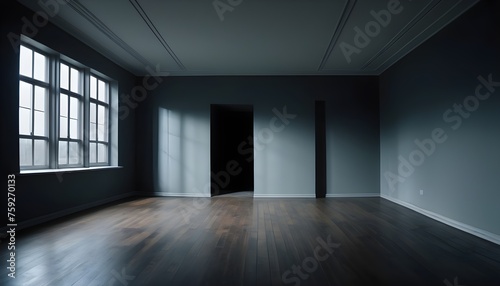 Empty dark room with large windows  sunrays from them